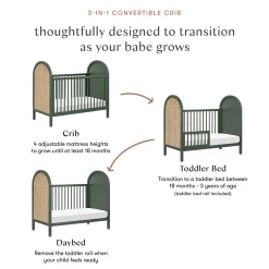 Bondi Cane 3-in-1 Convertible Crib with Toddler Bed Kit - Green / Natural Cane