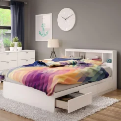 Double Mates Bed With Bookcase Headboard Set - Reevo Pure White