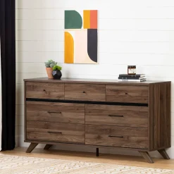 7-Drawer Double Dresser - Flam Natural Walnut and Matte Black
