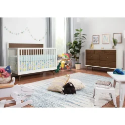 Palma Mid-Century 4-in-1 Convertible Crib with Toddler Bed Conversion - Warm White / Natural Walnut