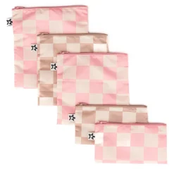 Reusable Snack Bags 5-Pack - Pink / Brown Checkers