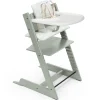 Tripp Trapp High Chair V2 Glacier Green, Mosaic Green Cushion and Strokke Whithe Tray