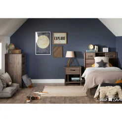 Twin Bed Bookcase Headboard with Sliding Doors Asten - Fall Oak